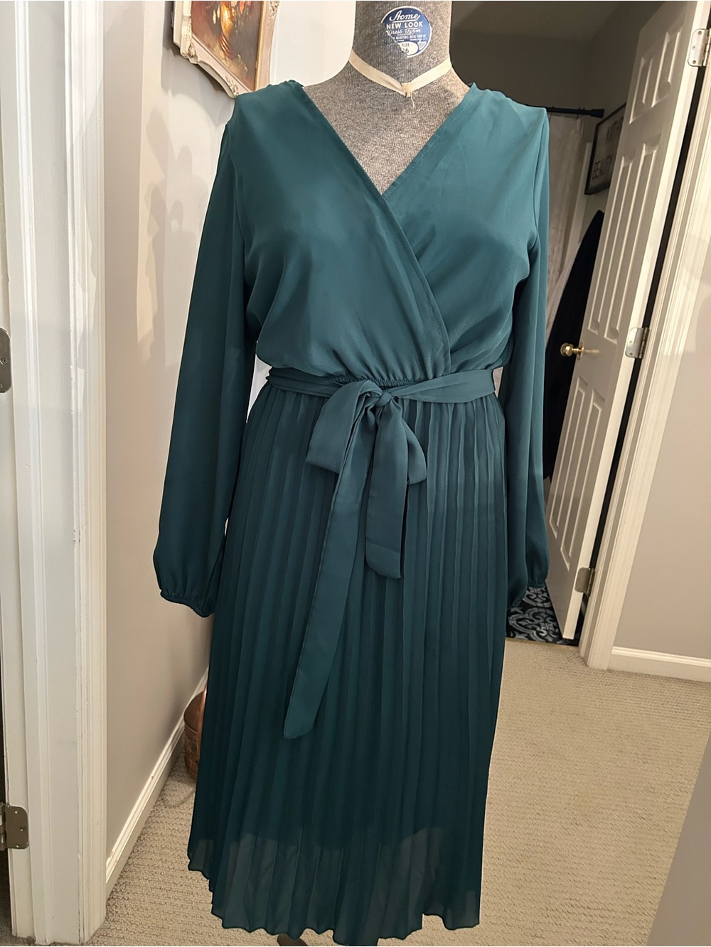 Women's Green Pleated Wrap Dress with Tie Waist